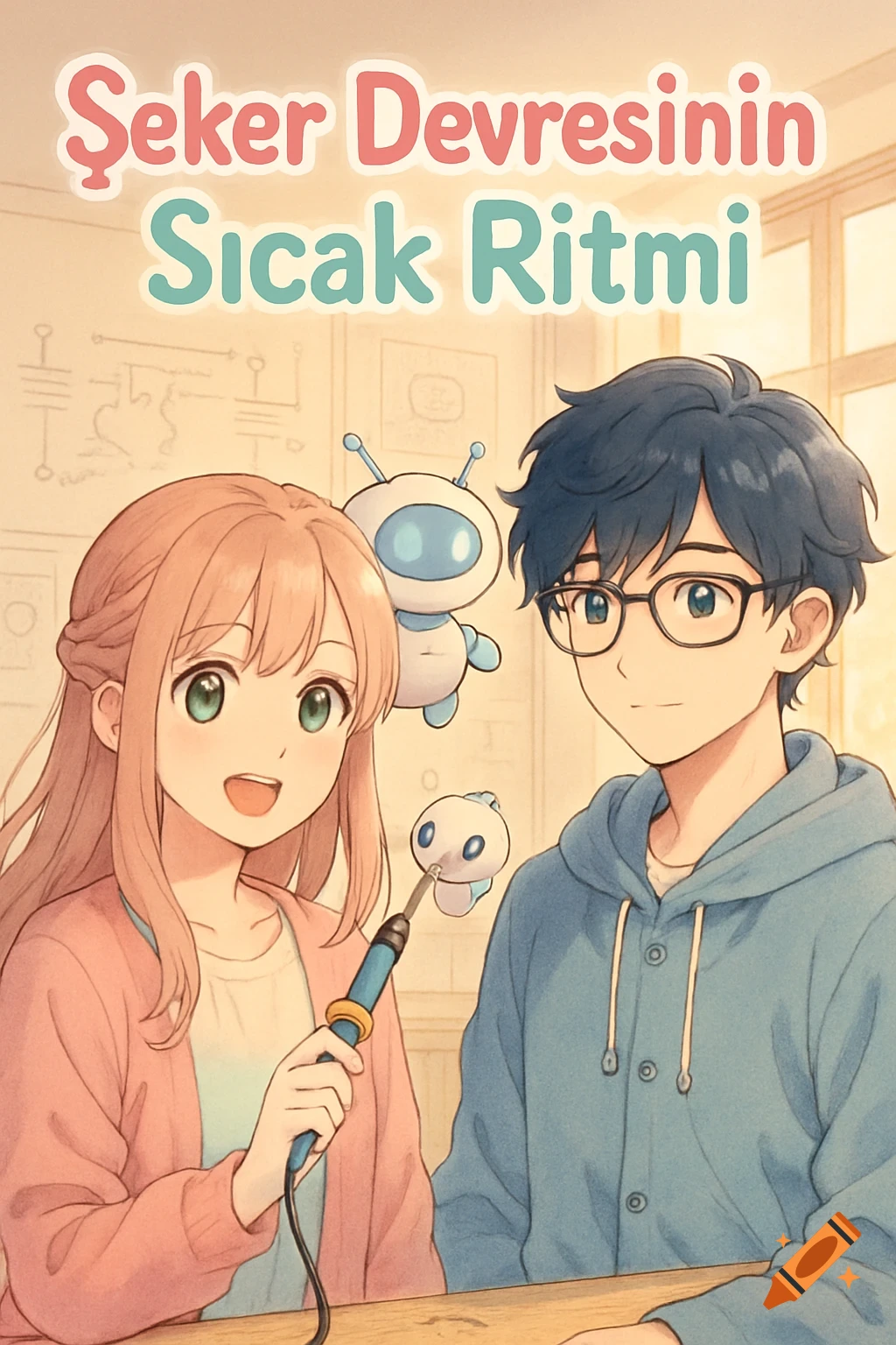 An anime illustration of a girl with a soldering iron, a boy, and cute robots in a classroom.