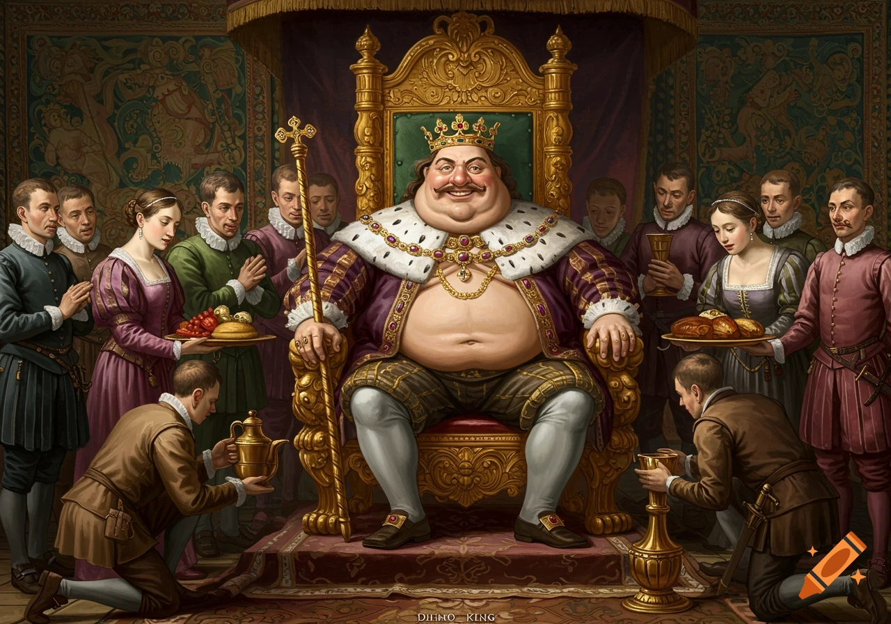 A portly king sits on a golden throne surrounded by servants bringing him food and drink.