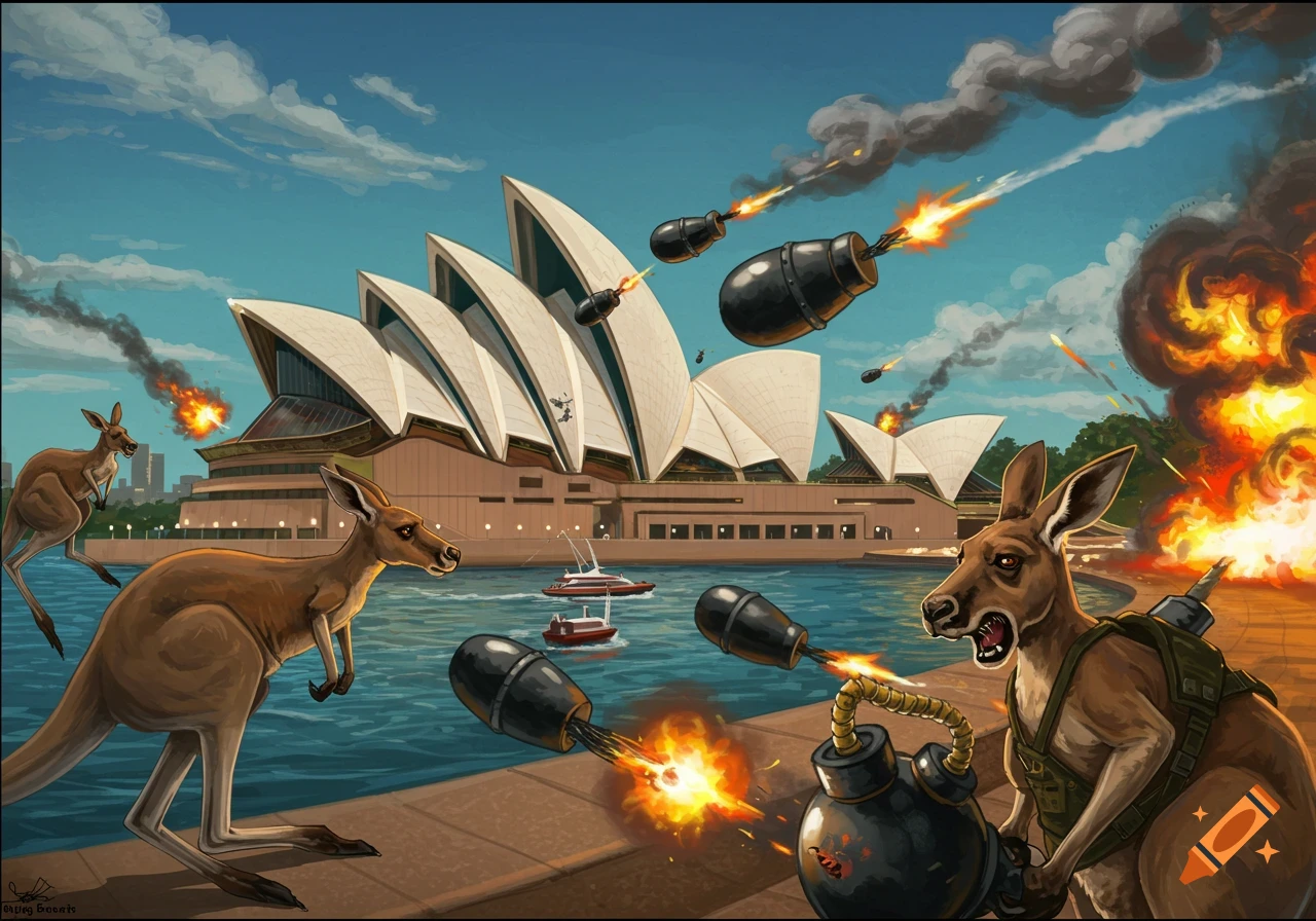 Illustration of kangaroos bombing the Sydney Opera House in Sydney, Australia.