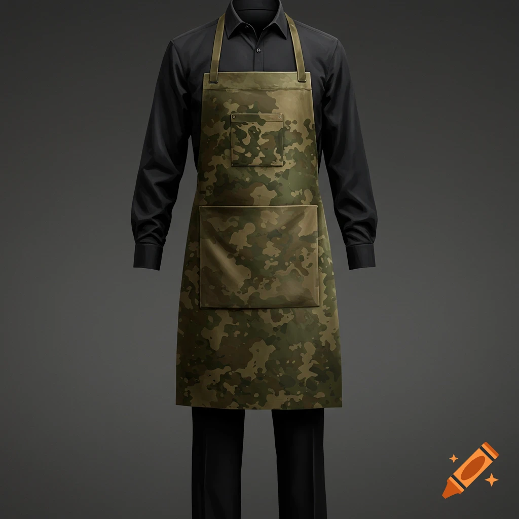 Mannequin wearing black shirt and pants with camouflage apron.