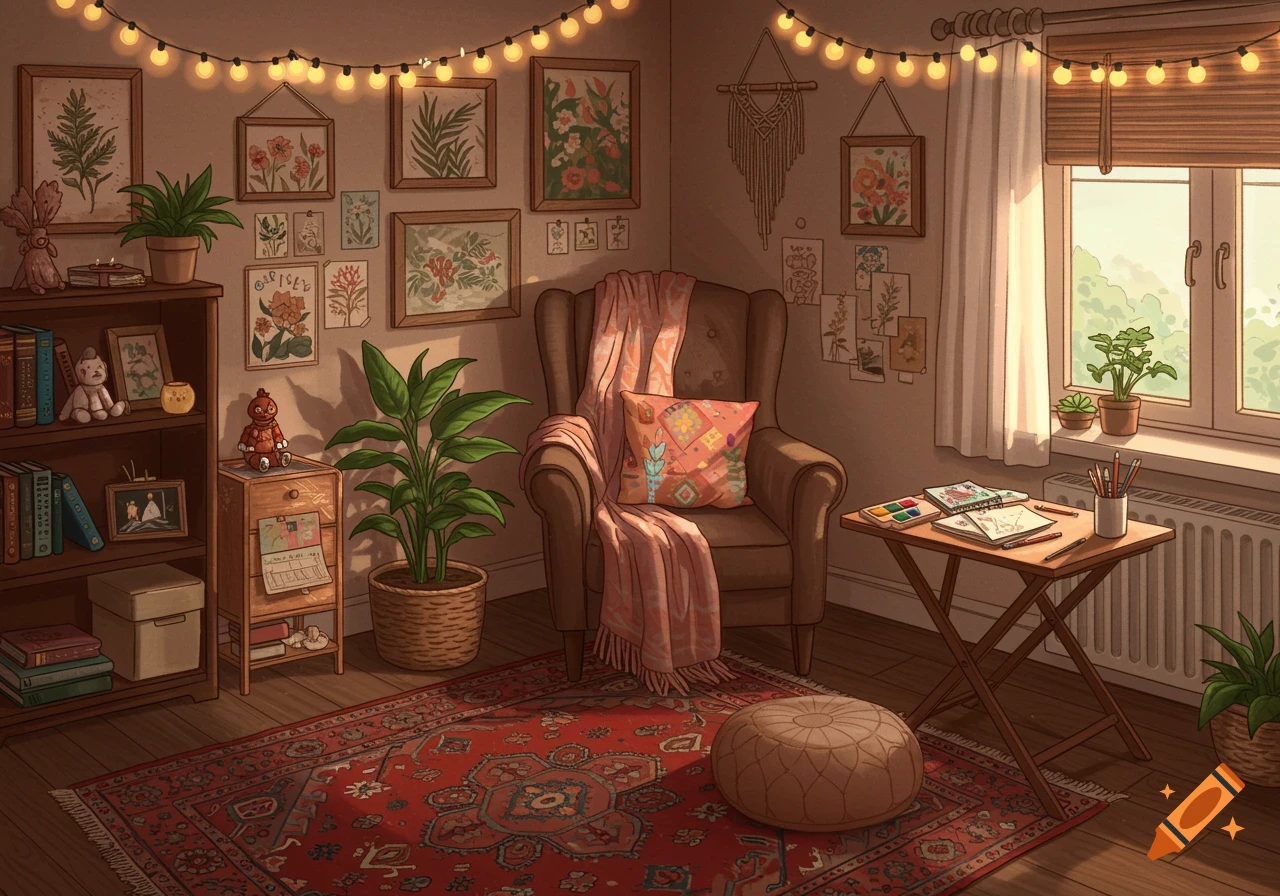 Cozy interior of a room with an armchair, bookshelf, plants, art supplies, and string lights.