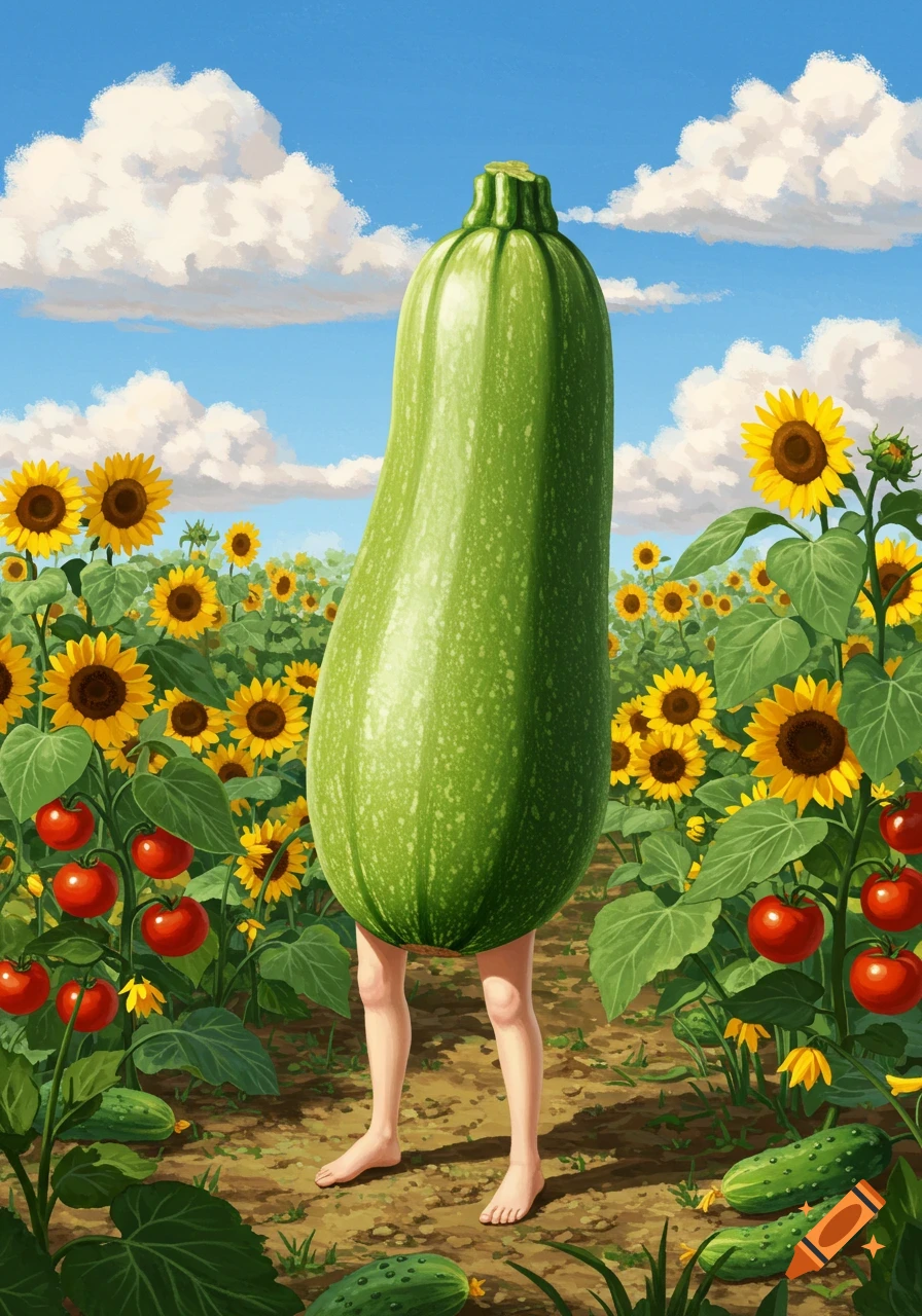 Zucchini with human legs standing in a field of sunflowers and tomatoes.