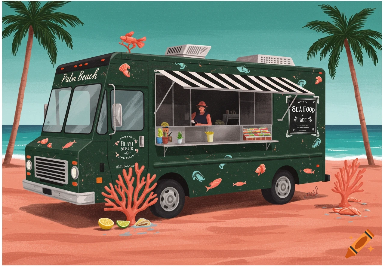 Illustration of a green seafood food truck on a beach with palm trees.