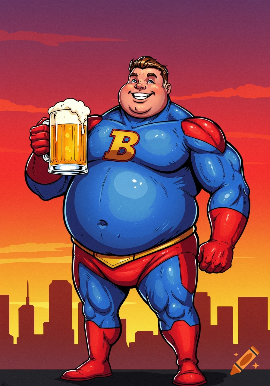 A fat superhero in a blue and red costume with a 'B' emblem smiles while holding up a large glass of beer against a city sunset background in a cartoon style.