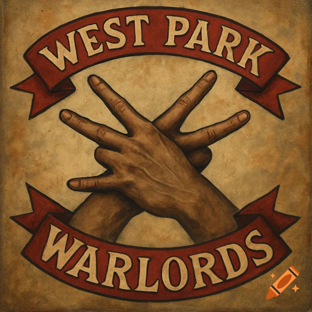 Two hands form a W and L shape beneath banners reading WEST PARK WARLORDS in a vintage art style