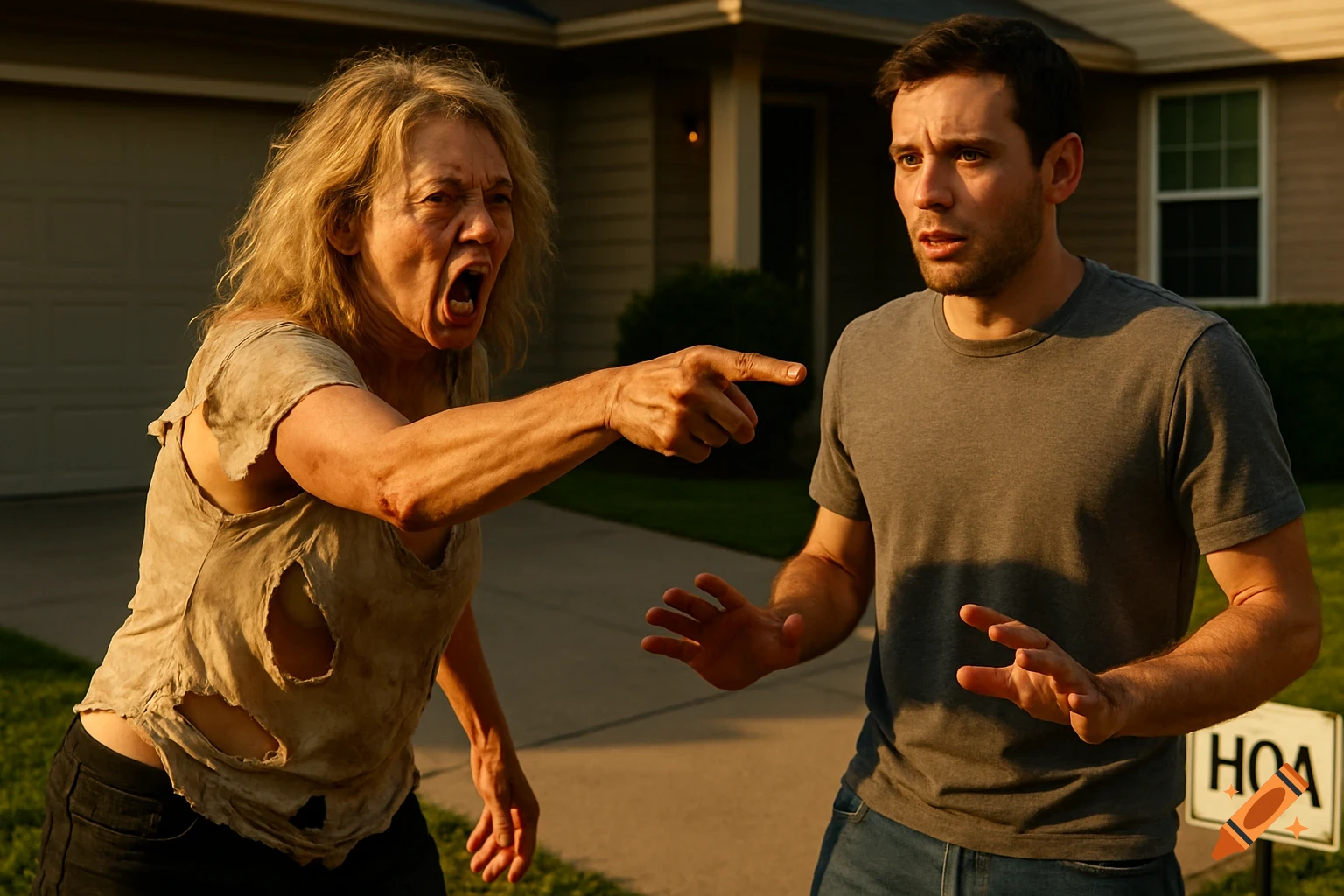 Woman yells and points at shocked man in suburban driveway at golden hour.