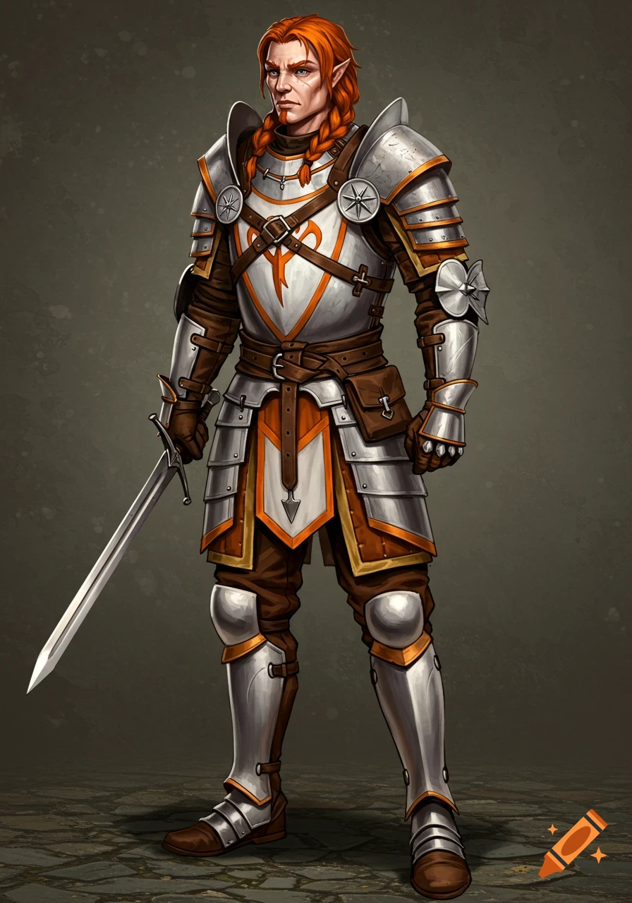 A red-haired male fantasy character in detailed plate armor holding a ...