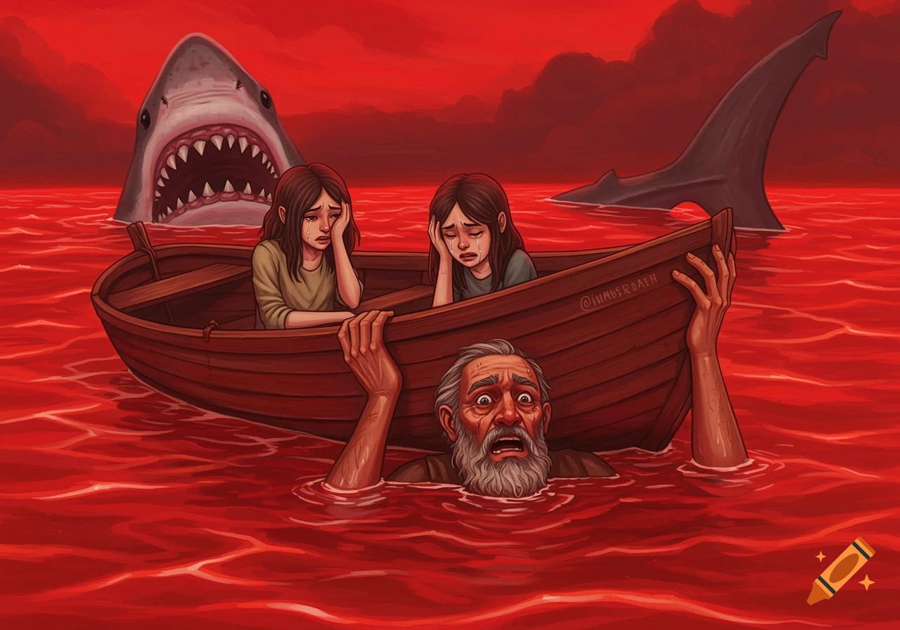 Illustration of people in a boat in red water threatened by a shark.