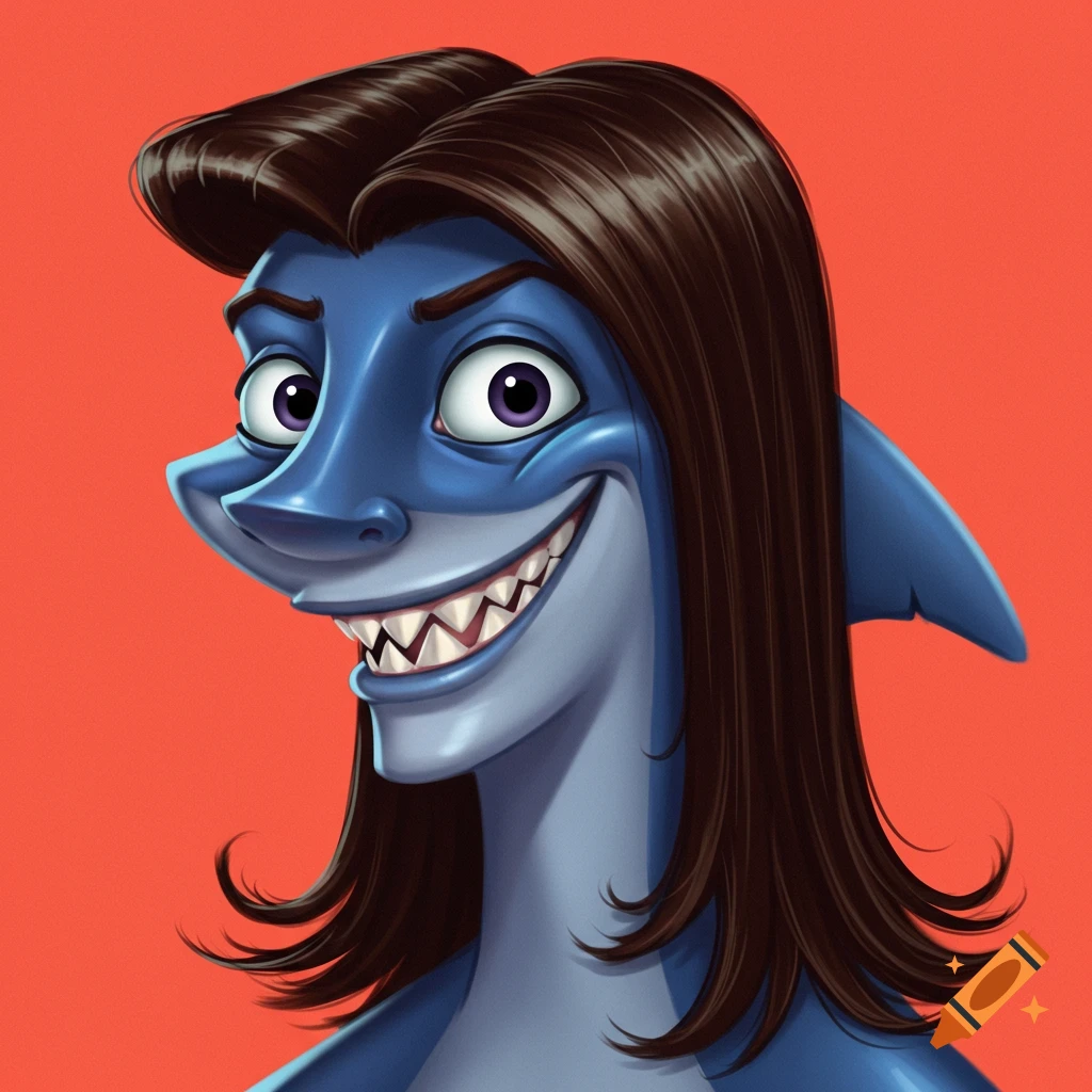 Cartoon blue shark character with long brown hair, smiling widely