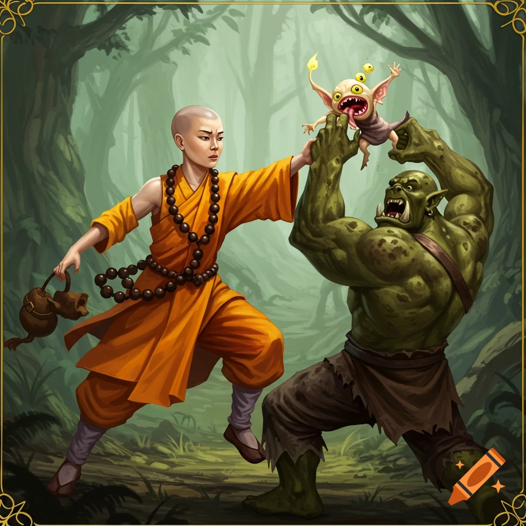 A female monk battles a green orc holding a small, multi-eyed creature that is biting the orc in a forest, digital painting.