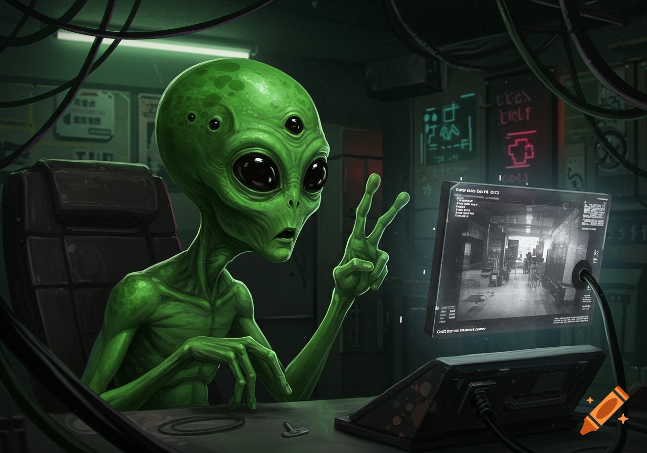 A green alien sits at a computer in a dark room filled with wires, making a peace sign while looking at a security camera feed on the screen.