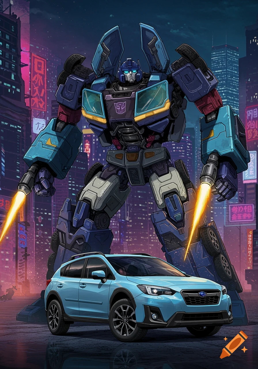 Giant blue Transformer robot stands behind a blue Subaru car in a neon city.