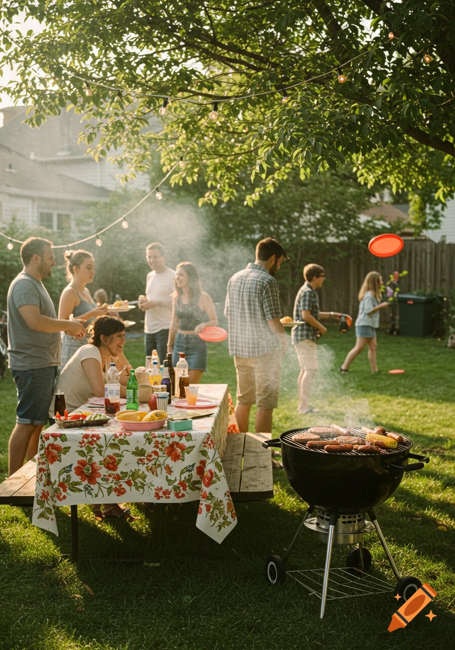 People enjoy a backyard cookout with a grill, food, and someone throwing a frisbee.