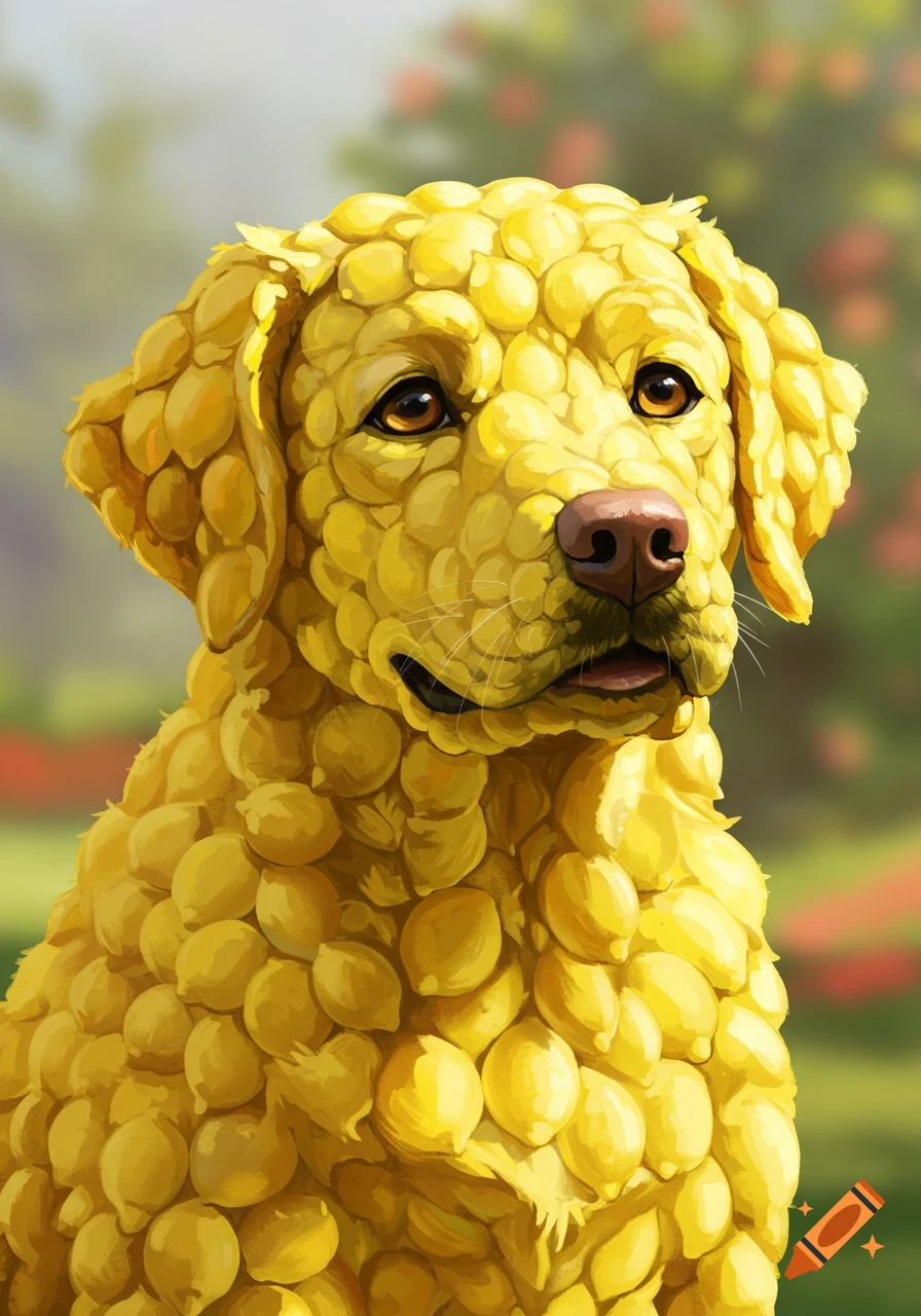 A portrait illustration of a dog whose body is entirely made of bright yellow lemons in a garden setting.