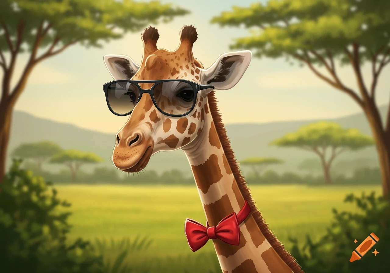 Cartoon illustration of a giraffe wearing sunglasses and a red bow tie in a savanna
