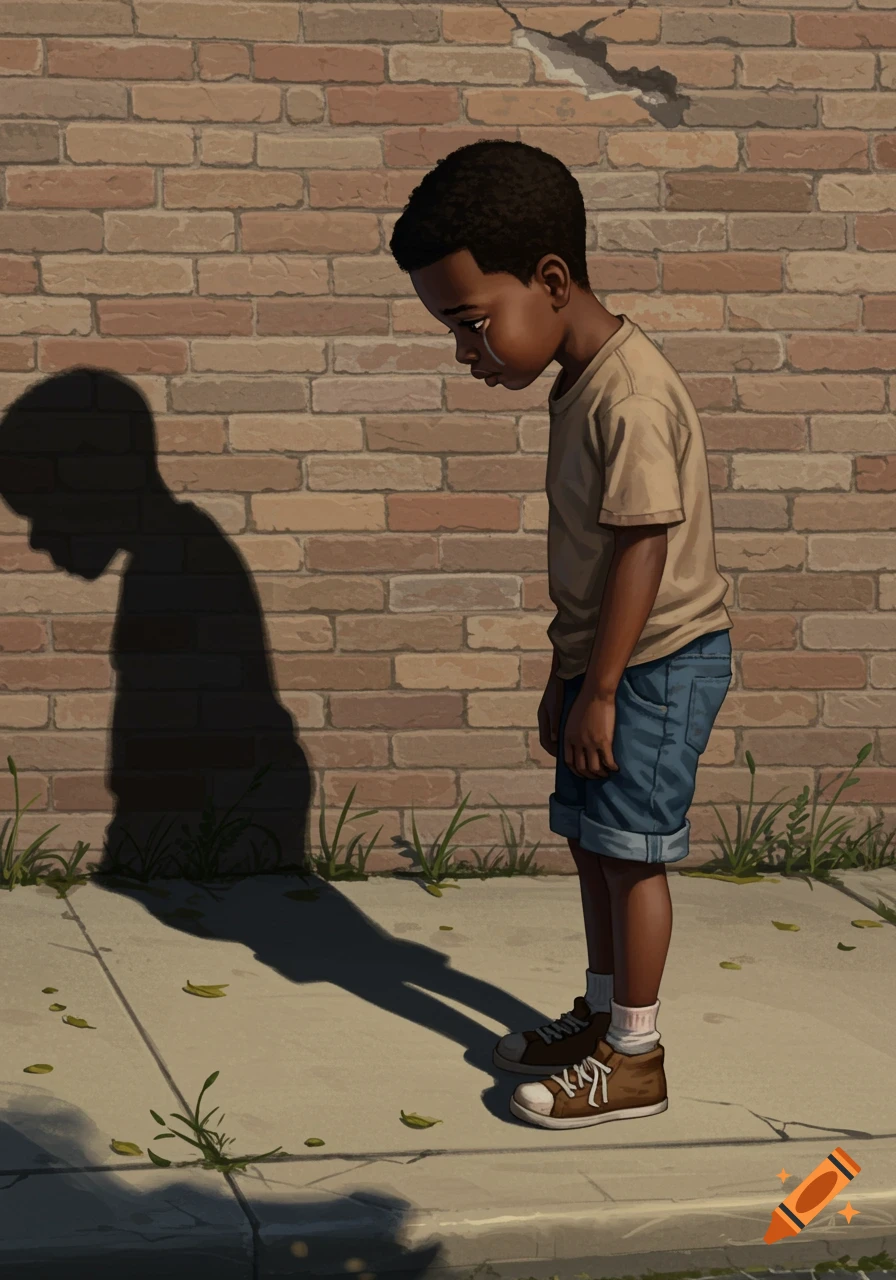 An illustration of a sad Black boy standing by a brick wall, looking down at his shadow.