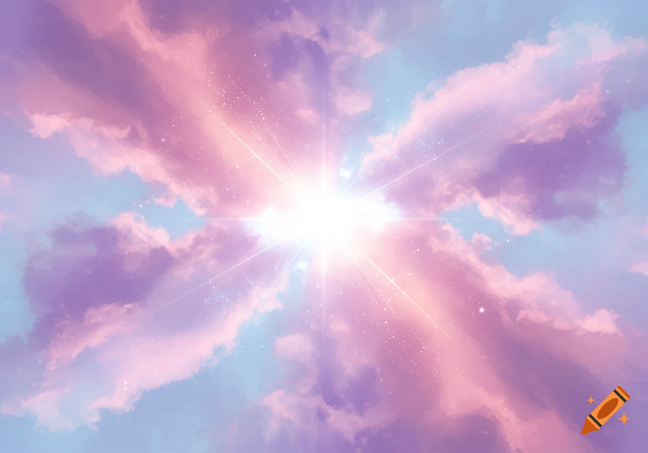 Pink and purple clouds in a blue sky with a bright light burst.