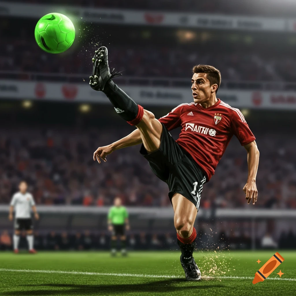 A soccer player in a red jersey performs a bicycle kick on a field, kicking a green ball.