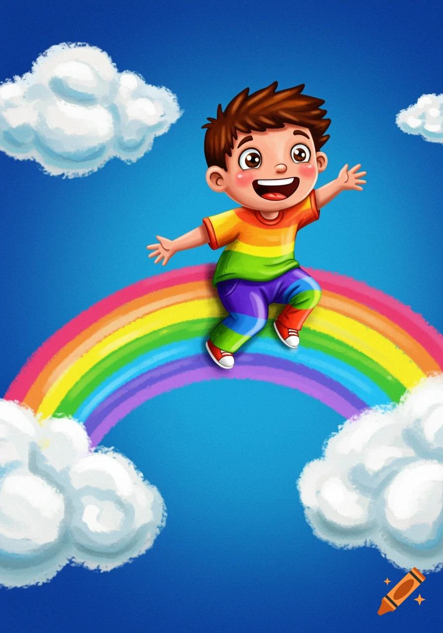 Cartoon boy sitting on a rainbow in a blue sky with clouds.