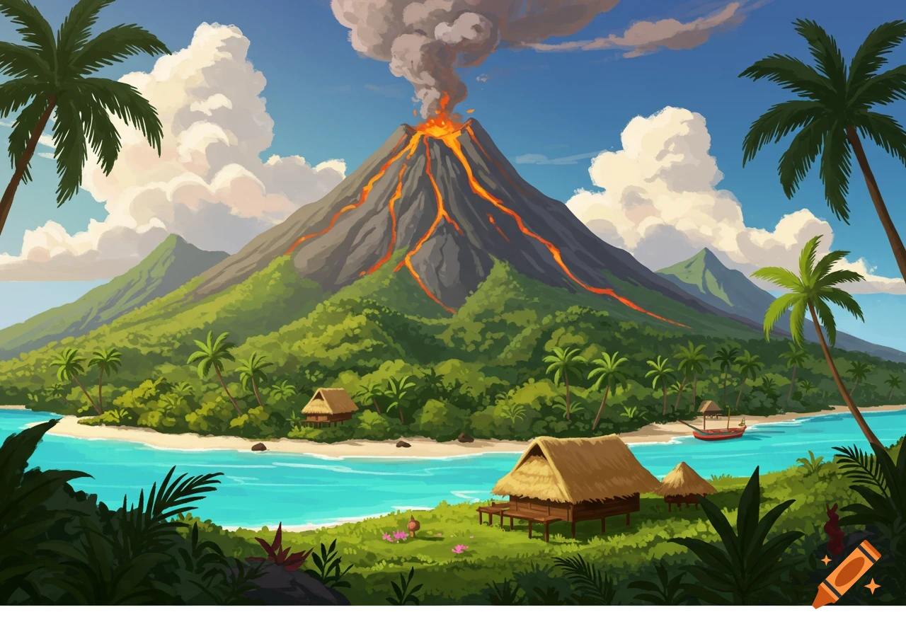 Illustration of a tropical island with an erupting volcano, palm trees, beach, and huts.