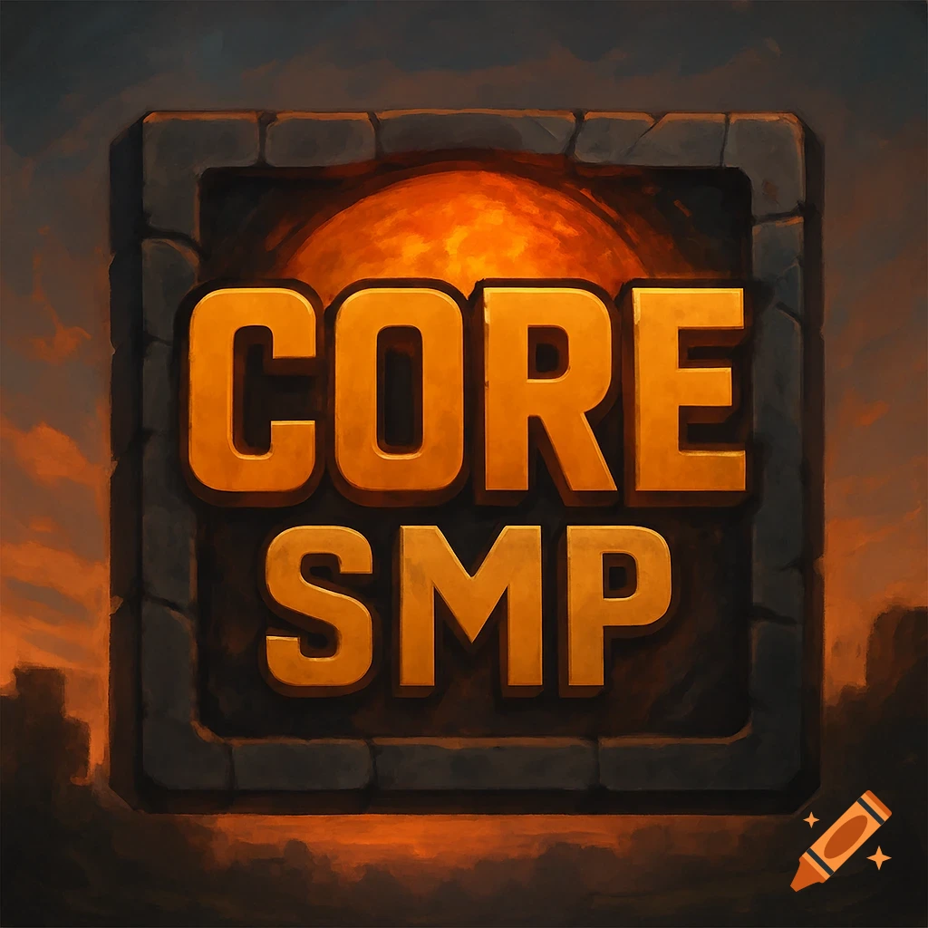 Stylized orange logo with "CORE SMP" text inside a stone frame against a fiery background.