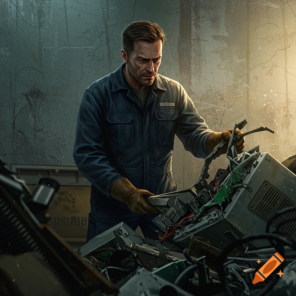 Workman in coveralls examines discarded electronics in a workshop.