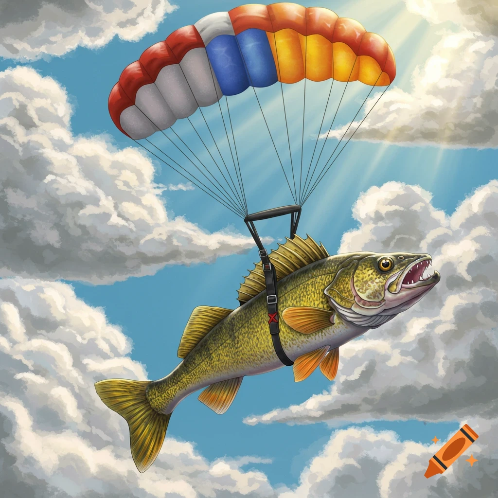 Illustration of a walleye fish skydiving with a colorful parachute in a cloudy sky.