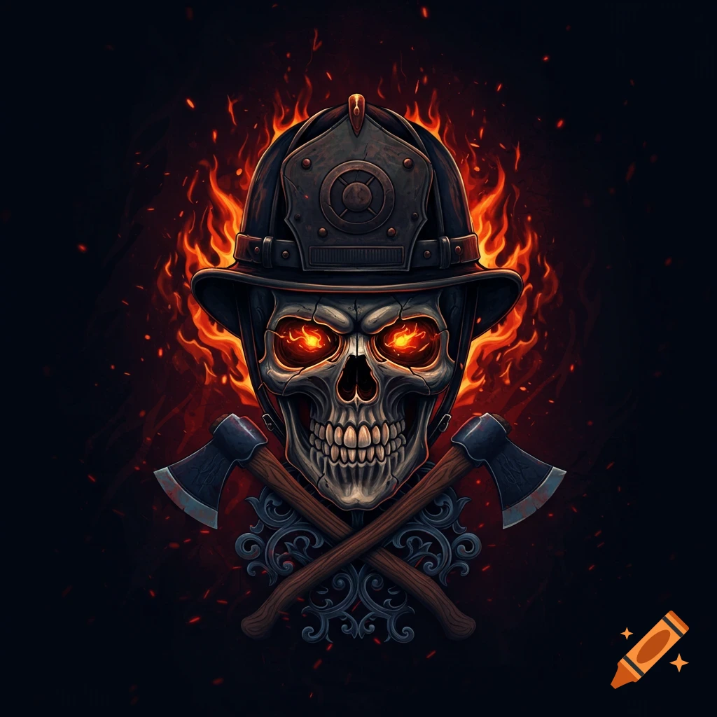Stylized skull wearing a firefighter helmet with glowing eyes, surrounded by fire and crossed axes below on a dark background.