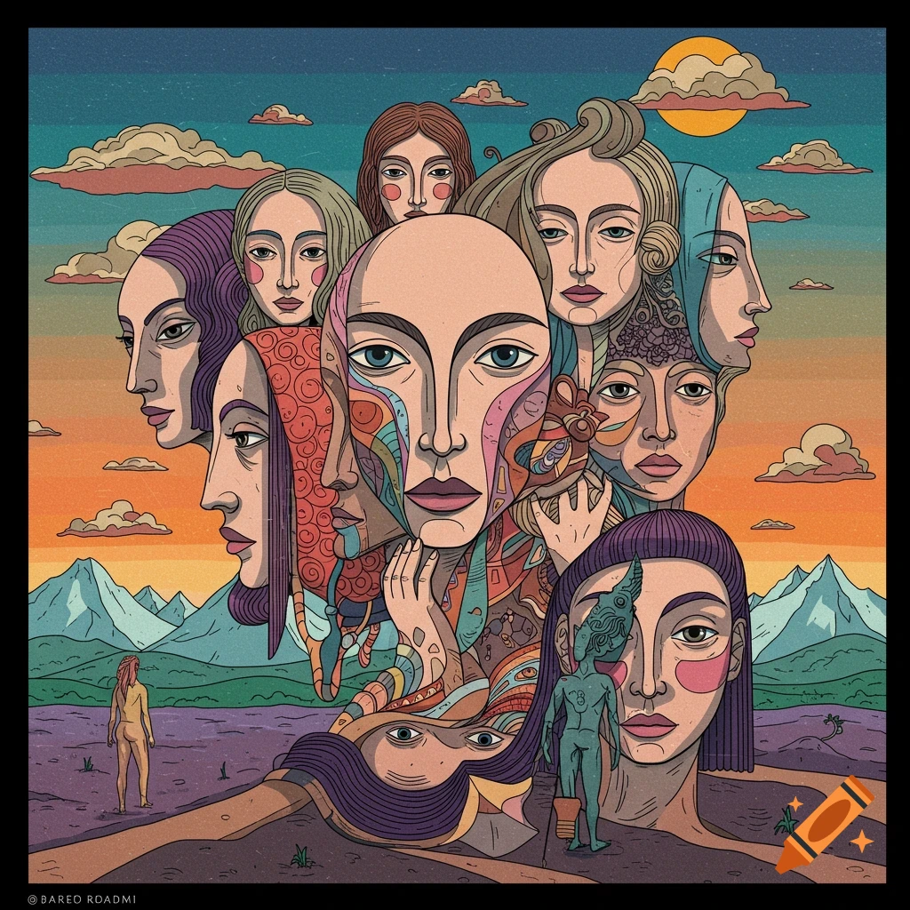 A stylized illustration of a central face surrounded by multiple other faces and abstract shapes, set against a landscape with mountains and sky.