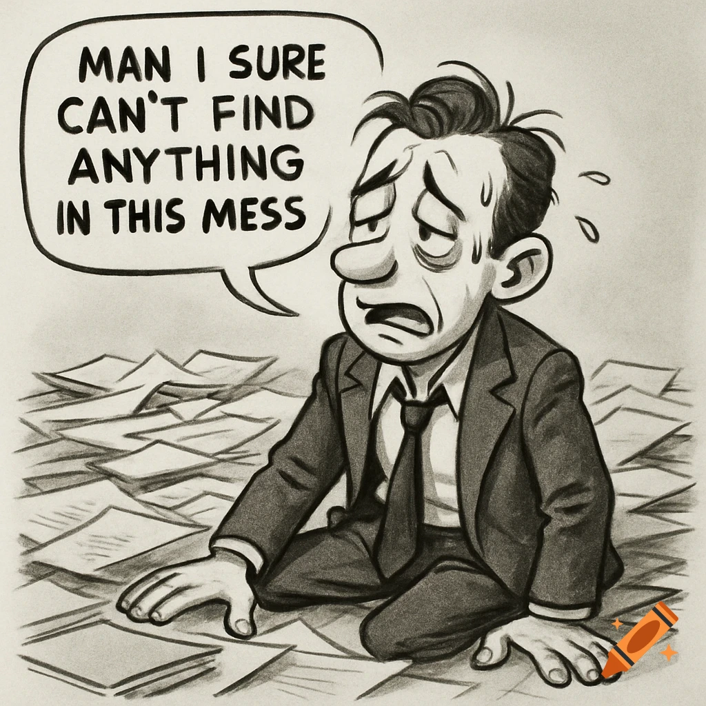 Black and white sketch of a stressed cartoon man in a suit sitting amongst piles of papers, with a speech bubble.