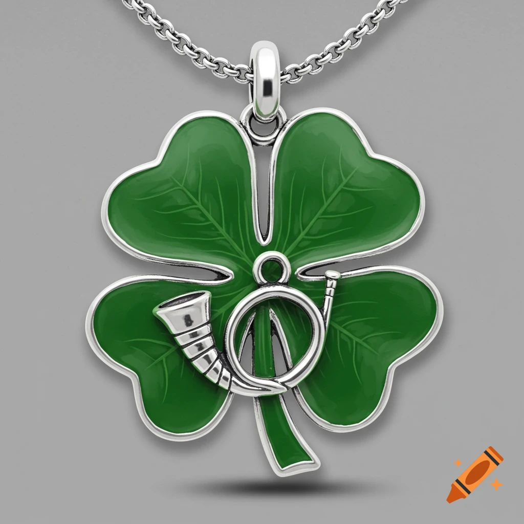 A silver necklace with a green four-leaf clover pendant featuring a silver hunting horn.