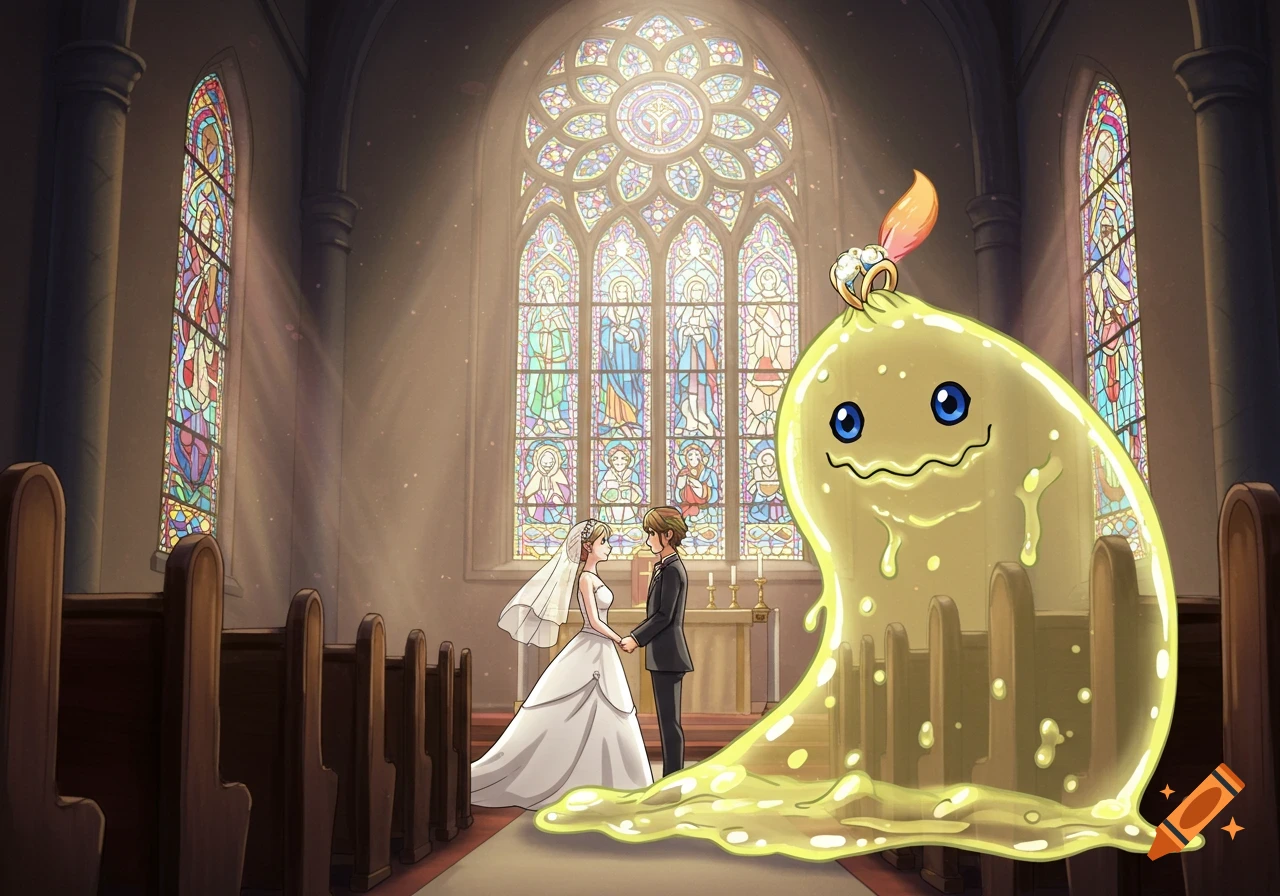 Anime-style church wedding with a couple at the altar and a large yellow Digimon coming up the aisle.