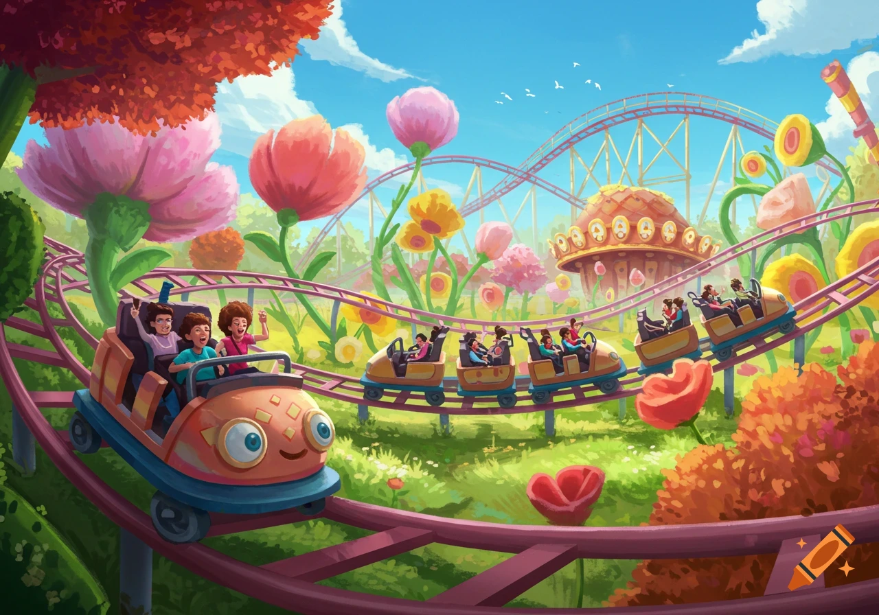 Cartoon illustration of a roller coaster with riders in a whimsical garden with oversized flowers.