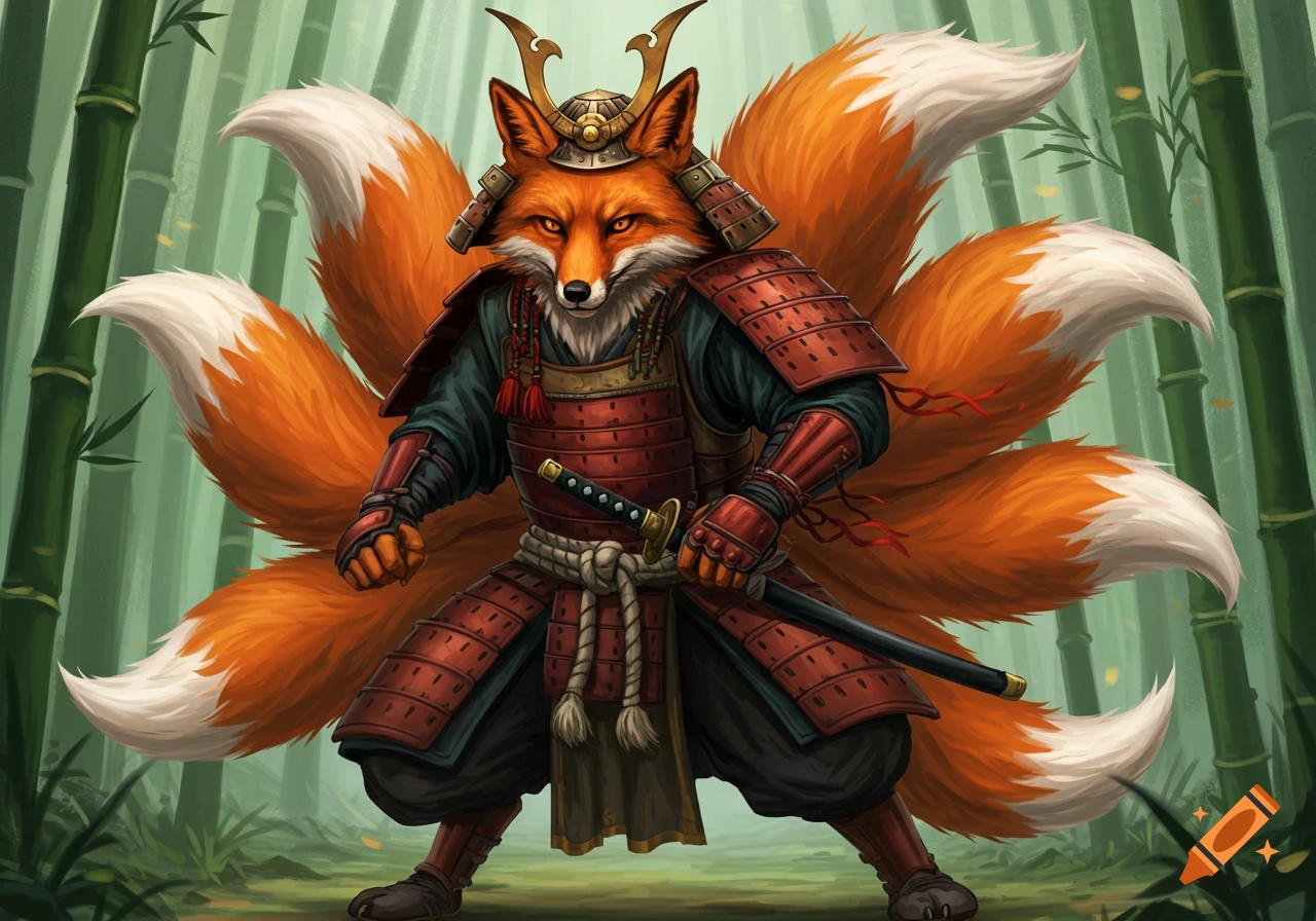 A kitsune (nine-tailed fox) wearing samurai armor stands in a bamboo forest.
