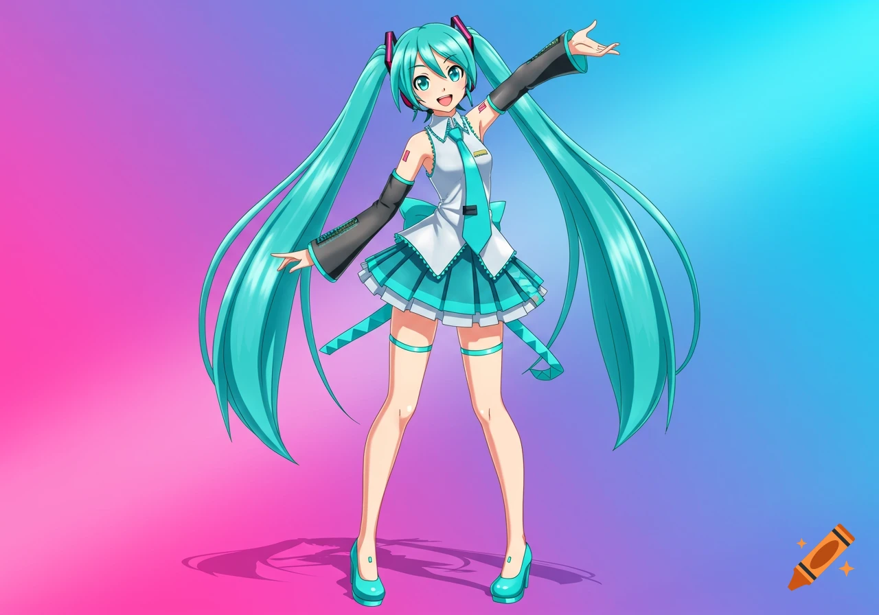 Hatsune Miku stands posing on a pink and blue gradient background in anime style.