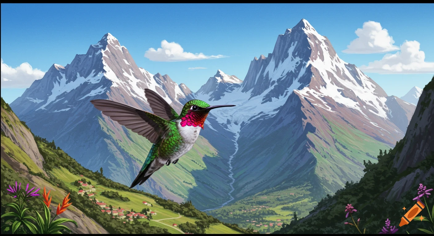 Hummingbird flying over a mountain valley with a small village, illustration style.