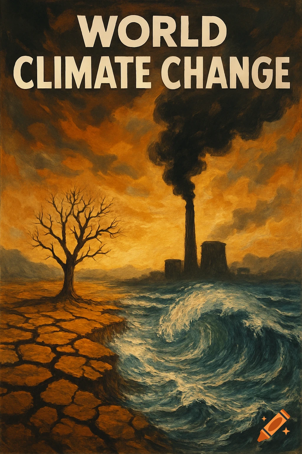 Painterly poster showing cracked earth, a dead tree, rough seas, and a smoking factory under an orange sky, with 'WORLD CLIMATE CHANGE' text.