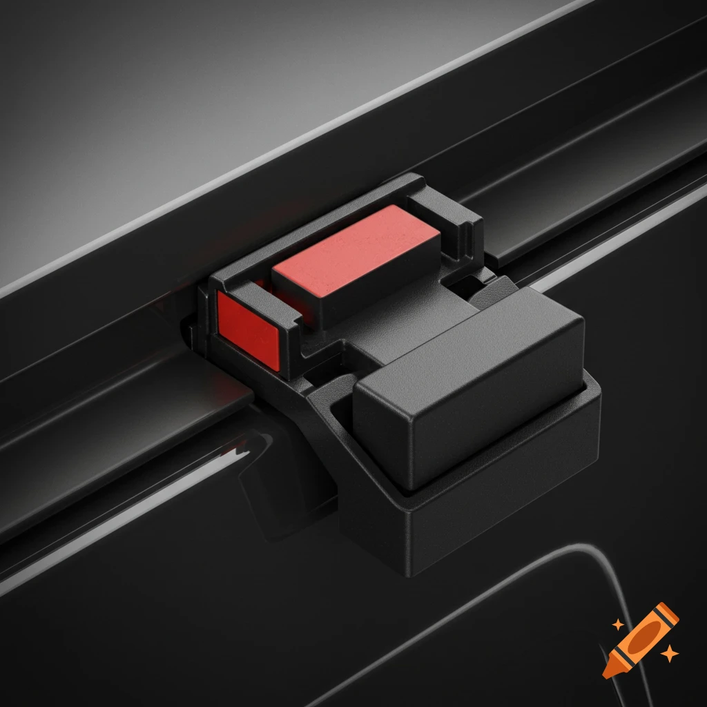 Close-up of a black reusable seal bolt with red accents