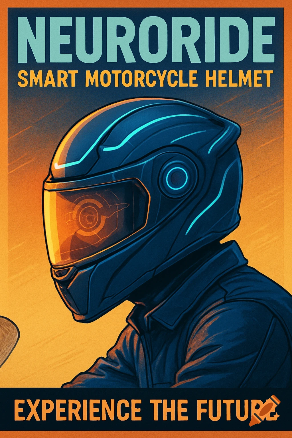 Ad poster for NeuroRide smart motorcycle helmet showing a person wearing the helmet in a futuristic style.