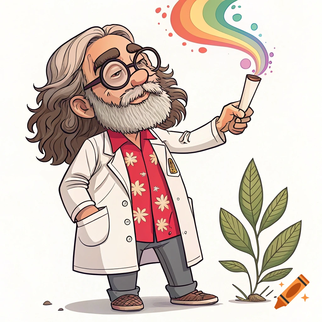 Cartoon scientist resembling Tommy Chong in lab coat and Hawaiian shirt holds joint with rainbow smoke by a plant.
