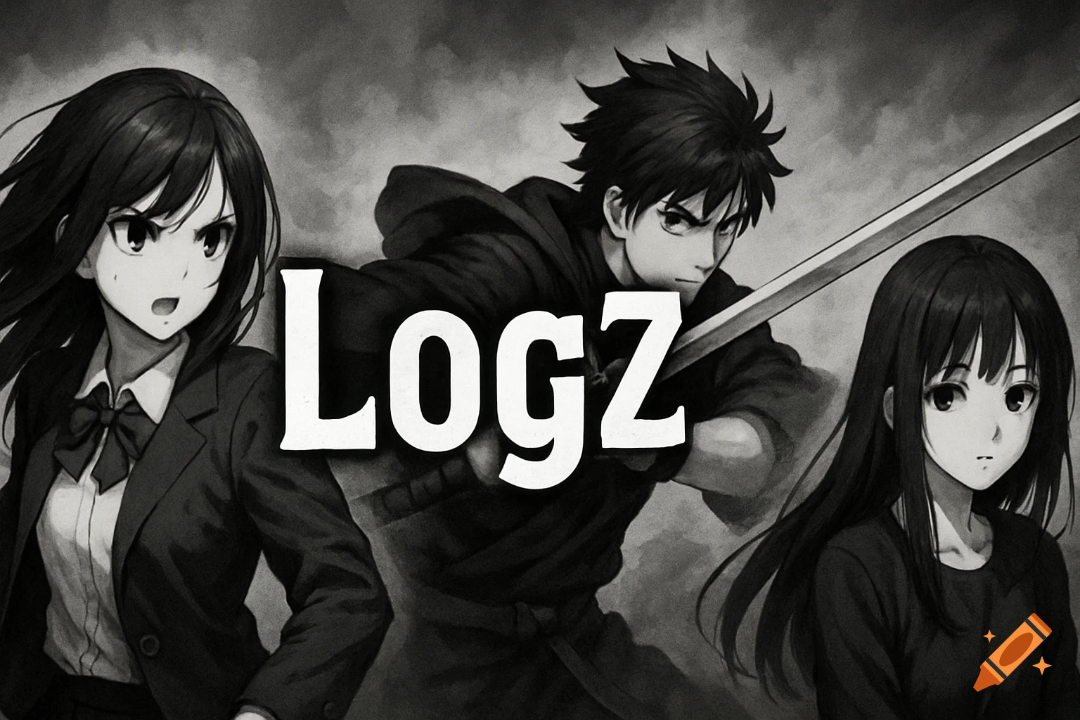 Black and white anime style image of three characters with a sword and the text 'LogZ'.