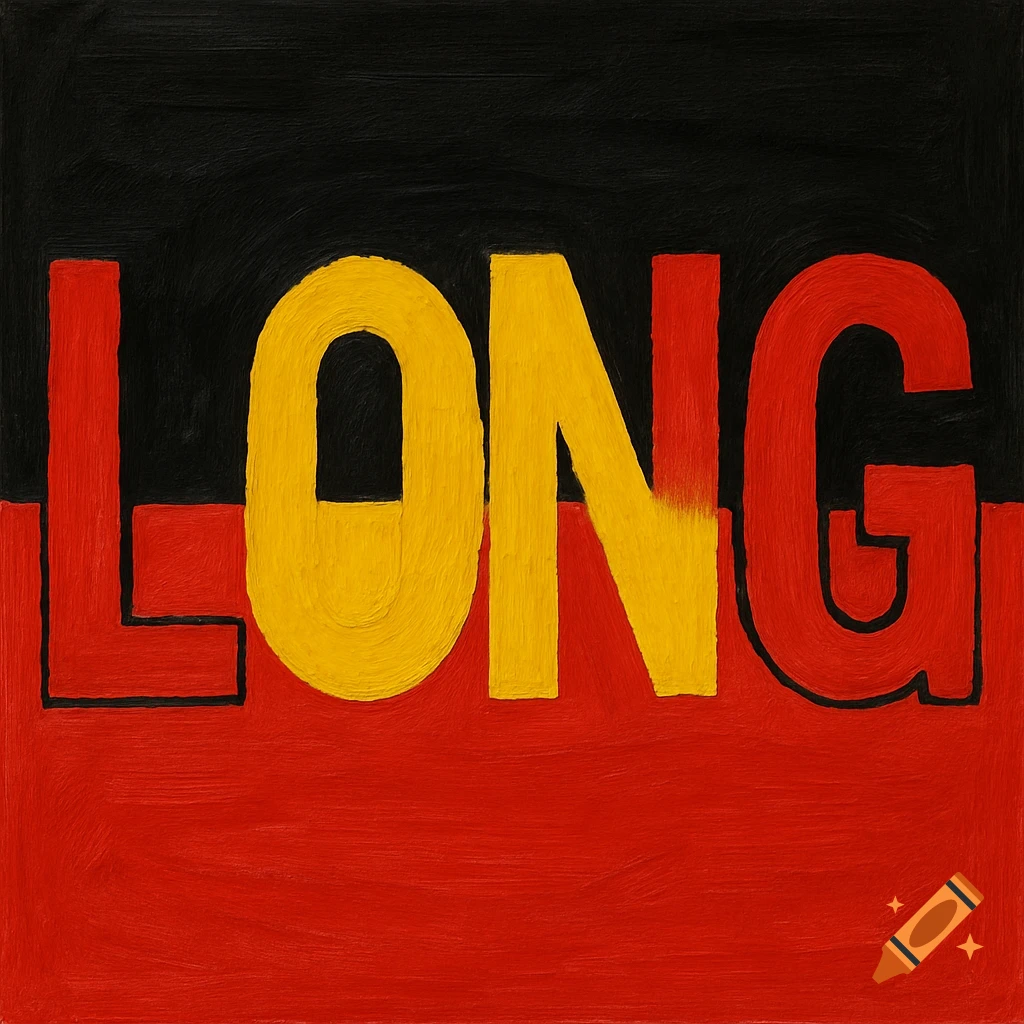 Textured painting of the word LONG in red and yellow on a split black and red background.