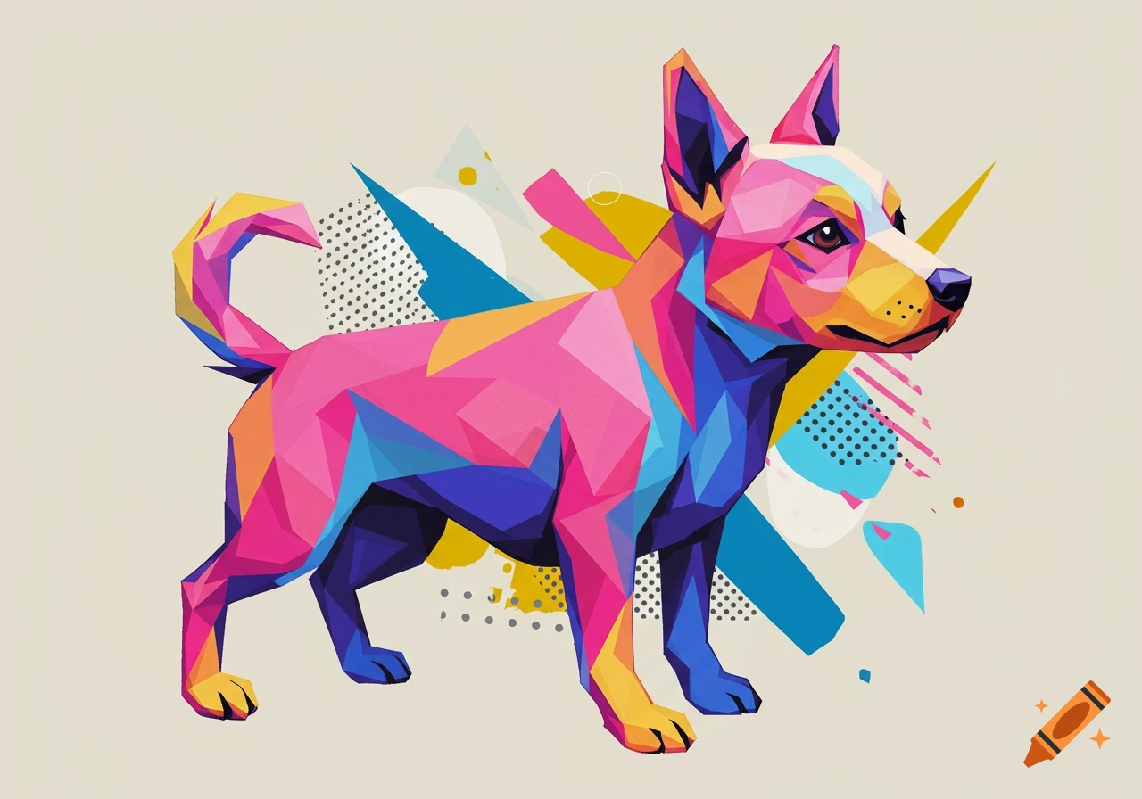 A colorful geometric modern art illustration of a dog standing.
