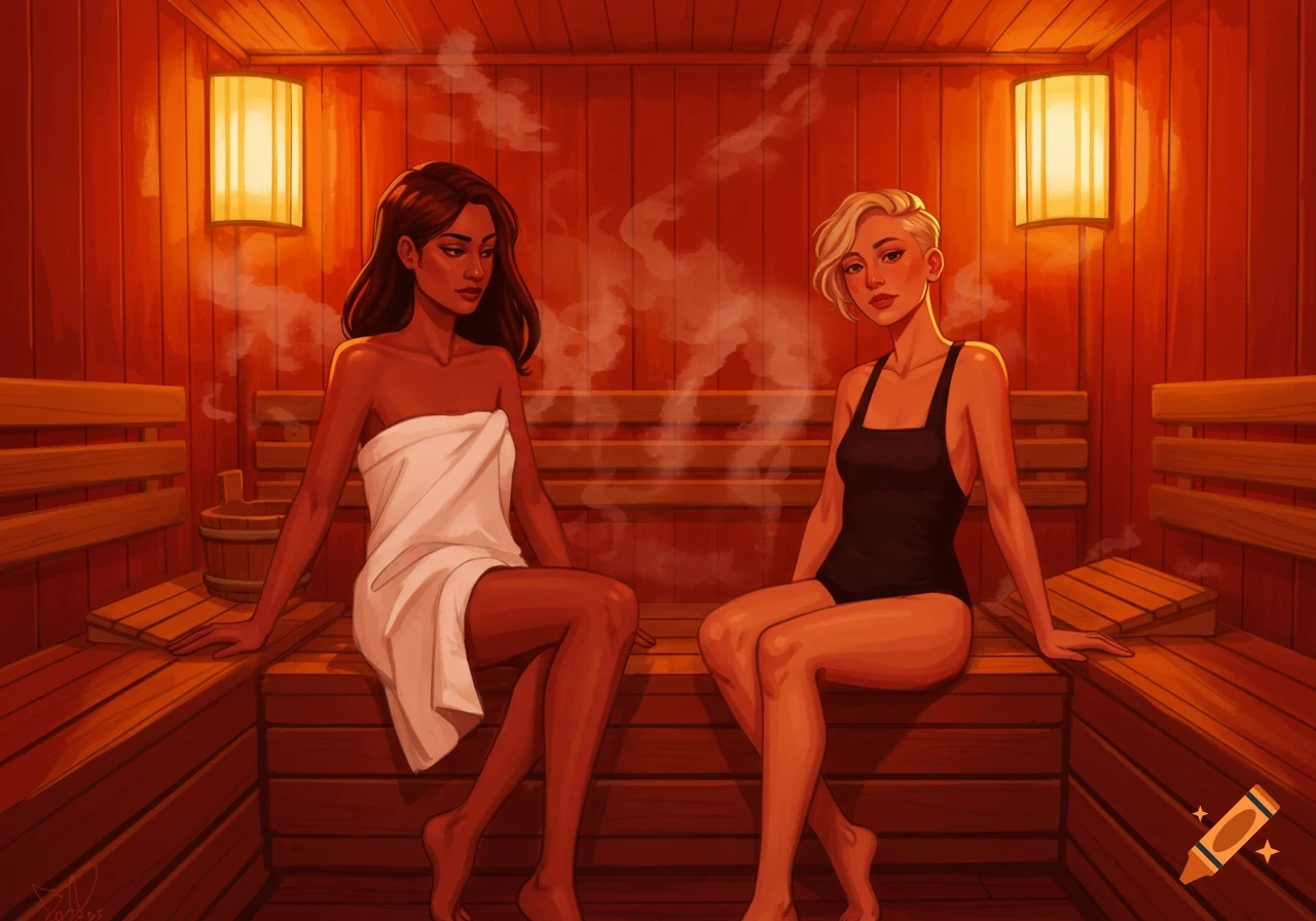 Illustration of two women sitting on wooden benches in a sauna.
