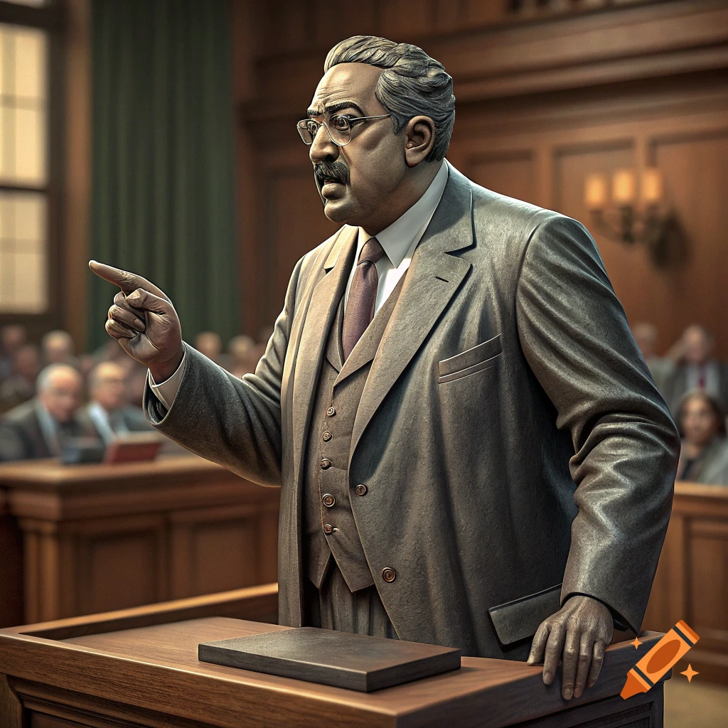A sculpture of a man in a suit points while standing at a podium in a courtroom.