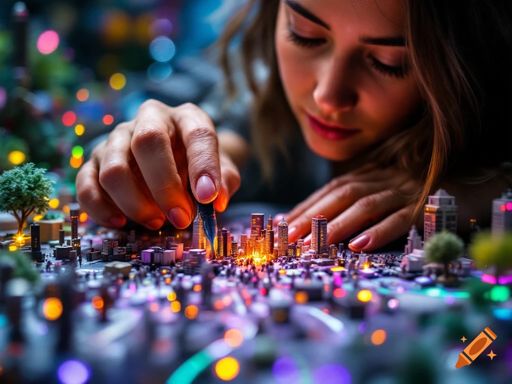 A woman's hand interacts with a miniature city glowing with lights.