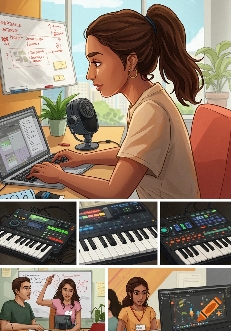 Illustration of a young woman working on a laptop with a microphone for media production, and scenes of keyboards and presentations.