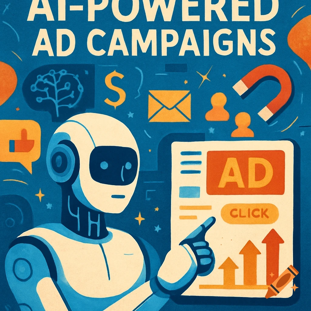 Illustration of a robot interacting with a digital screen displaying an ad, charts, and icons related to AI-powered ad campaigns.