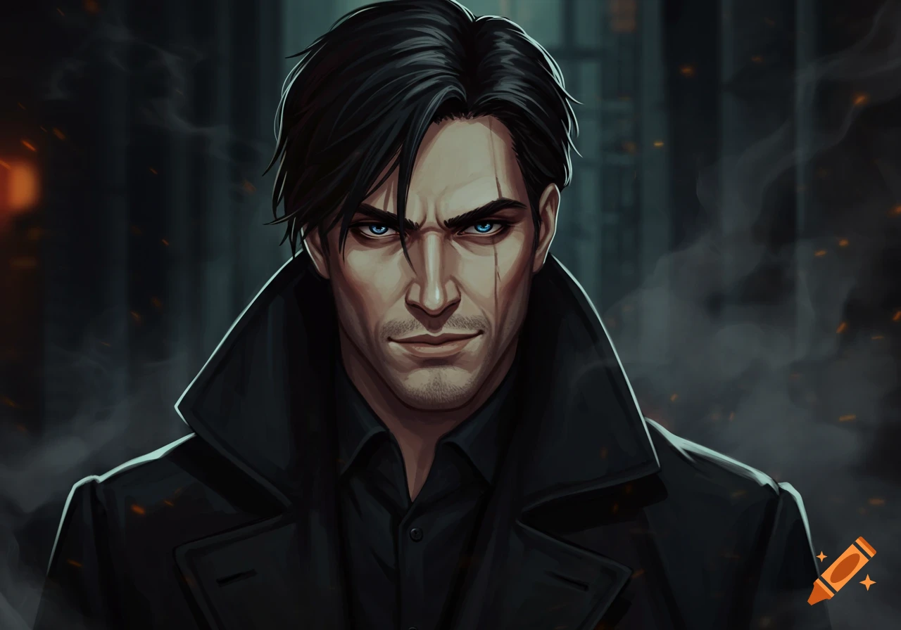 Illustration of a stern man with black hair, blue eyes, and facial scars, wearing a black trench coat.