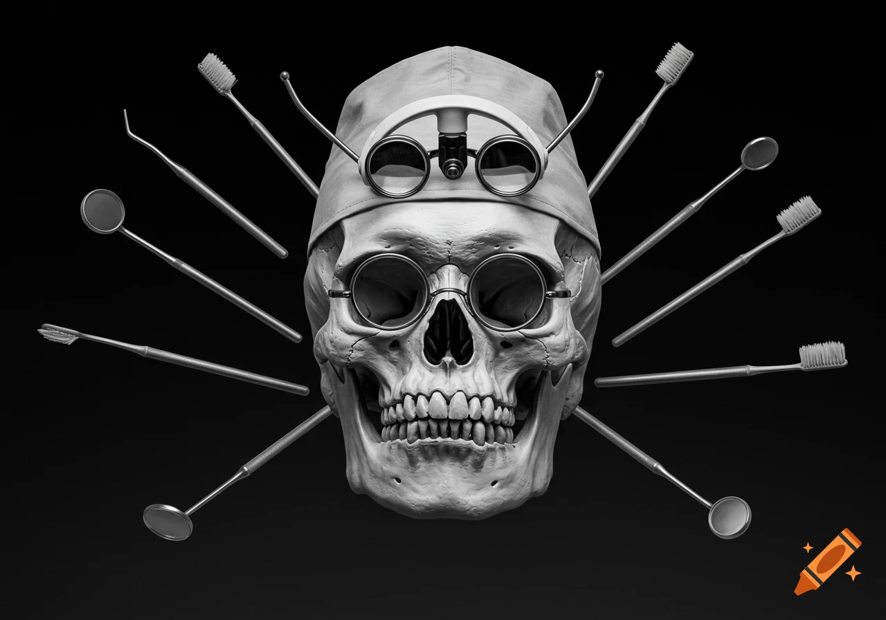Black and white realistic image of a skull with a dentist cap and head mirror, surrounded by dental instruments.